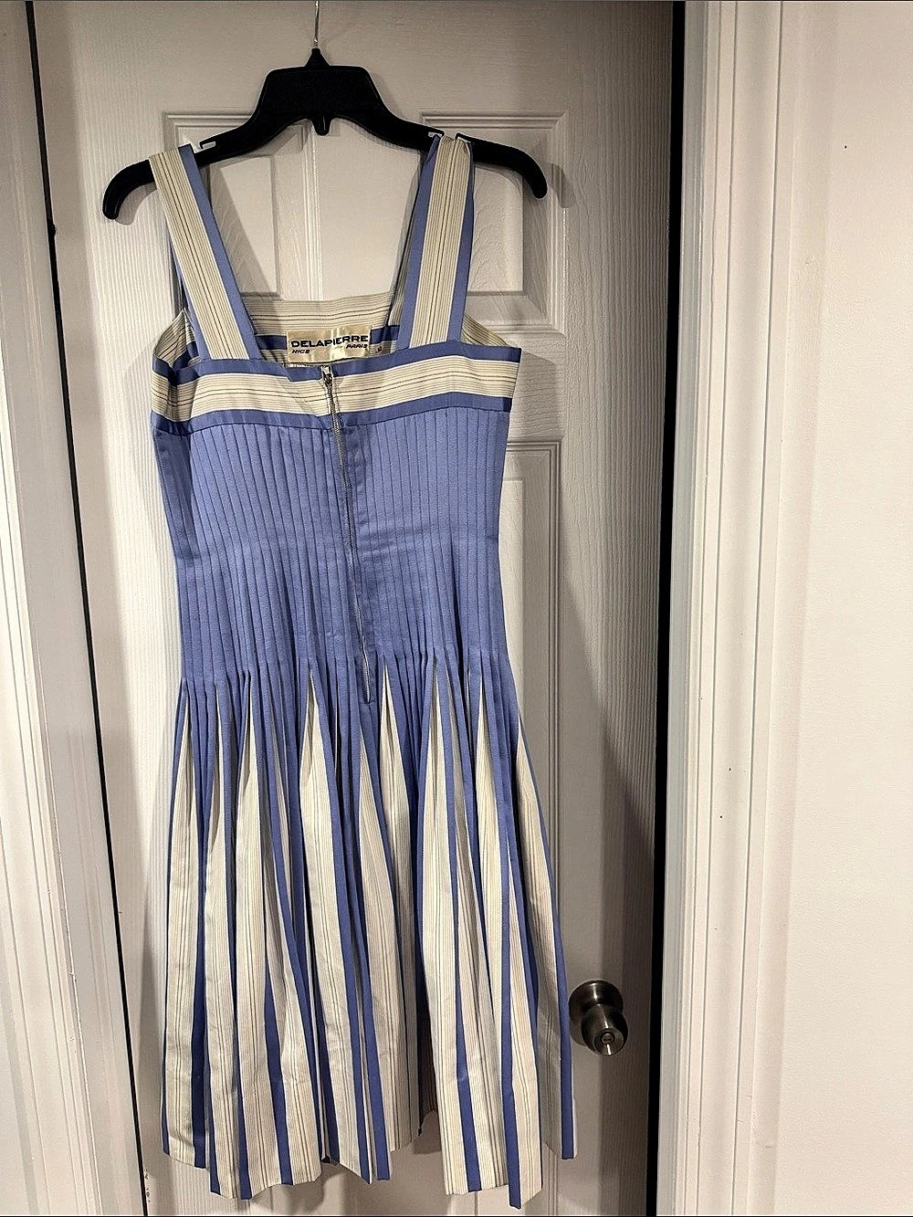Delapierre Paris Vintage Striped Pleated Maxi Dress in Blue & White Size 42